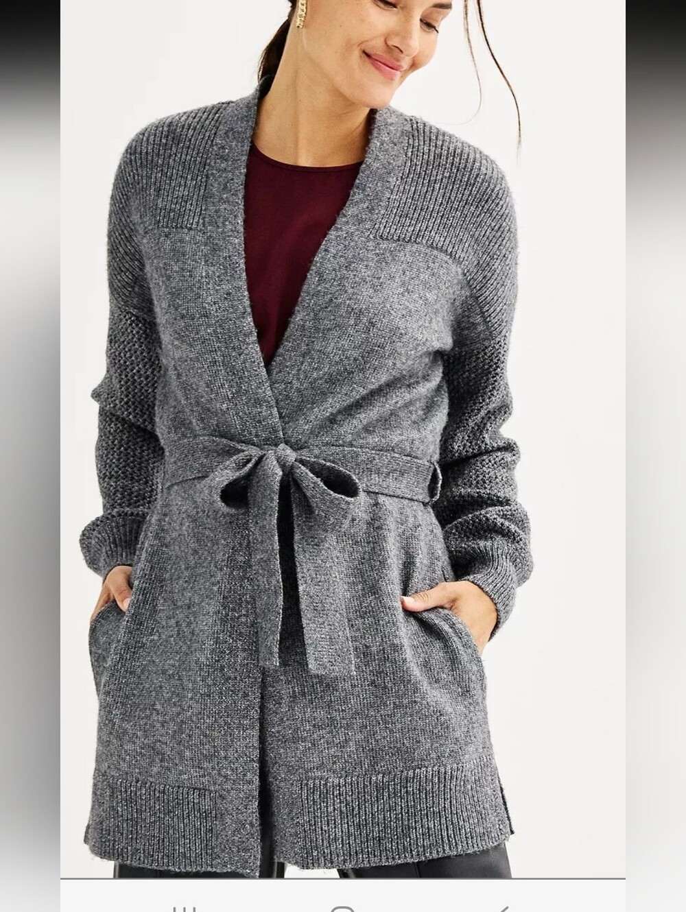 Nine West Gray Tie-Waist Open Cardigan